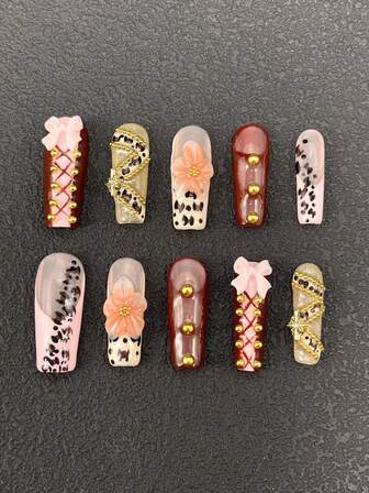 10 piezas de decoración de uñas artesanal con forma cuadrada de 33 mm, diseño de degradado francés pintado a mano, decoración 3D de lazo rosa y cadena, tecnología de tallado 3D multicolor, decoración multiusos adecuada para que las mujeres la usen en diferentes ocasiones, fiestas, bailes y actividades diarias, disponible en tres tamaños