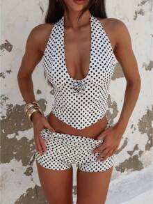 Women's Y2K Polka Dot 2 Piece Outfit Halter Neck Backless Sleeveless Crop Tank Top Vintage 3D Flower And Fold Over Shorts Set - trắng - Xem 1