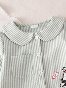 2件套女童猫咪印花柔软舒适睡衣，甜美公主风薄荷绿条纹可爱睡衣套装，春夏款 - 彩色 - 查看 3