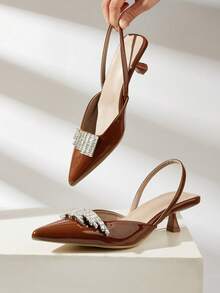 Women's Rhinestone Embellished Elegant Pointed Toe Slingback High Heel Sandals, Brown, Suitable For Banquet And Party - Brown - View 2