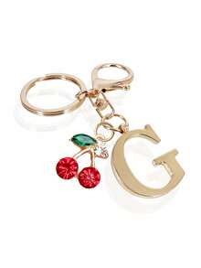 1pc High-End Elegant Gold Letter Keychain, Letter A-Z Three-Dimensional Pendant,Pair With Rhinestone Cherry Pendant, Fashionable Alloy Keychain Ring, Backpack Charm Car Keychain, Perfect Accessory For Women's Daily Use, Couple Gift, Classic And Simple Keychain, Decoration, Bag Accessories, Suitable For Giving To Friends, Family, Lovers, Girlfriends, Important Gifts, Holiday Souvenirs,Birthday Gifts, Christmas Gifts