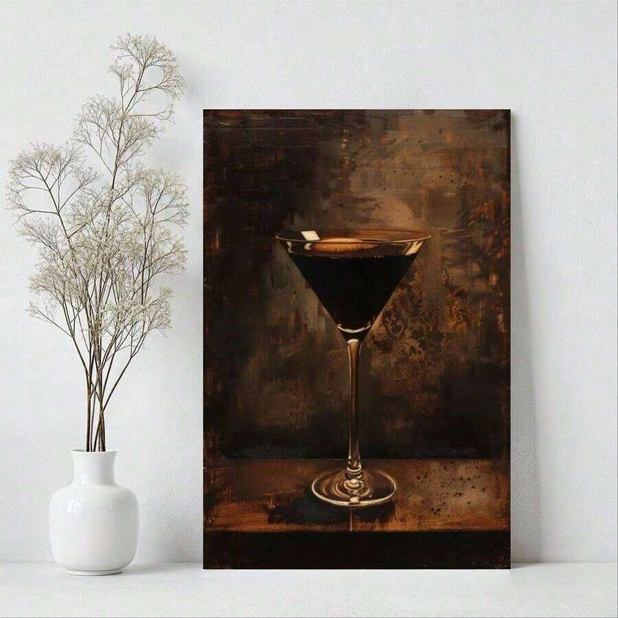 1pc Framed Canvas Wall Art Prints Poster, Martini Glass, Dark Liquid, Vintage Oil Painting Style Art Posters Canvas Print Painting For Living Room Bedroom Office Bathroom Dorm Home Decor, Ready To Hang, 2D Flat - Multicolor - View 1