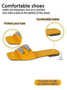 Giày sandal quai ngang đính đinh tán thời trang, mũi vuông, kiểu dáng slip-on dành cho thanh thiếu niên, mùa hè. - Màu vàng - Xem 3