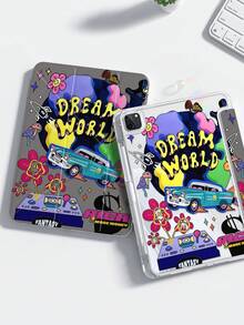 这款精美可爱的卡通动画涂鸦汽车双面彩色亚克力透明水晶后盖，图案包括笑脸、爱心、字母和花朵，防震耐用，适用于iPad第7、8（10.2英寸）和第10代。它内置笔槽，支持睡眠/唤醒功能和多种折叠支架模式。是万圣节和新年礼物的理想之选。 - 彩色 - 查看 2