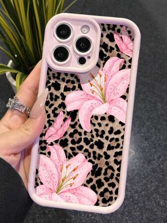 Funda de teléfono antideslizante mate con estampado de flor de lirio rosa y estampado de leopardo compatible con iPhone 11, 12, 13, 14, 15, 16, 13 Pro Max, 16 Plus, XR, 7, 8 Plus, 17 Pro Max, AIR