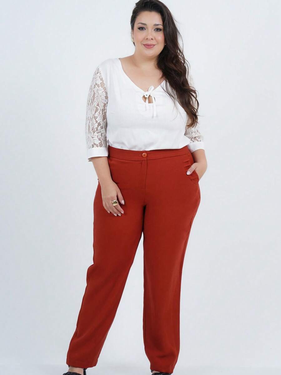 Women's Plus Size Blouse With 3/4 Sleeves, Delicate Design - 白色 - 查看 1