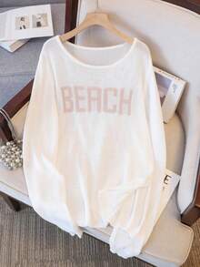 Solid Color Letter Hollow Out Knit Cover Up For Women, Round Neck Loose Long Sleeve Top, Vacation Style Slimming Outerwear - White - View 5