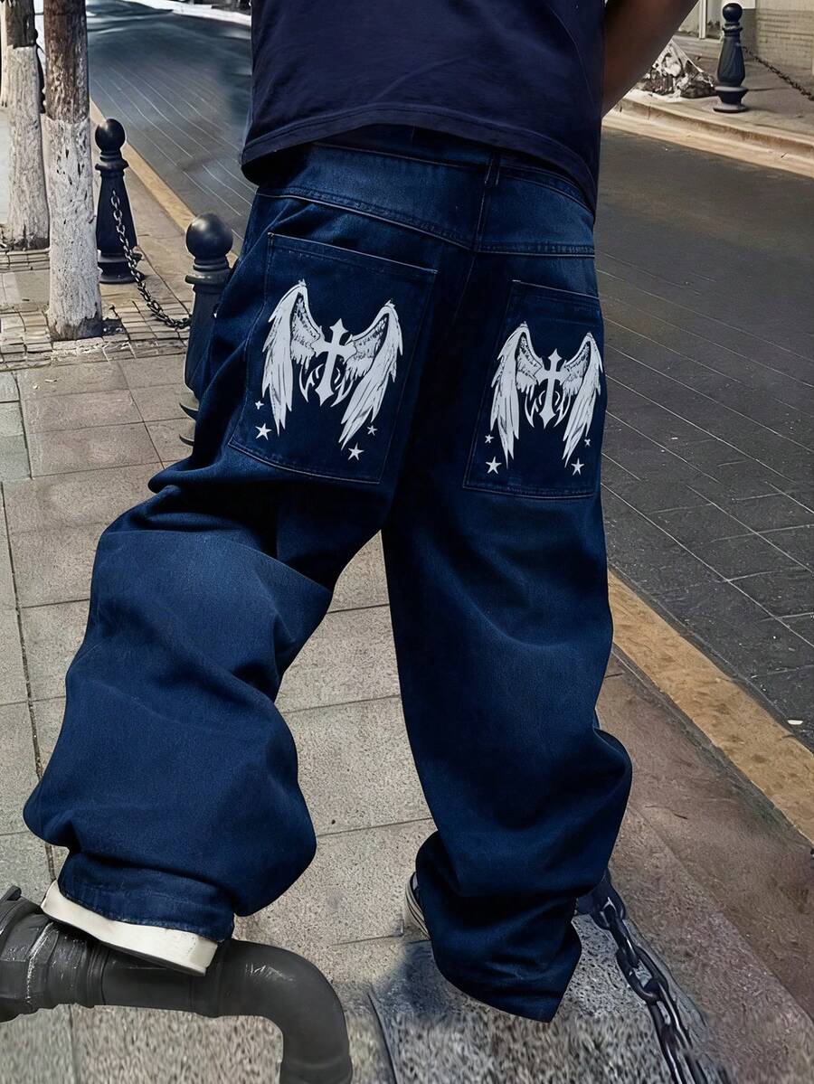 男士低腰宽松阔腿蓝色牛仔裤，时尚街头风，休闲裤