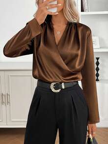 1pc Women's Solid Color Satin Crossover Elegant & Fashionable Commuter Long Sleeve Blouse, Suitable For Daily, Office, Holiday, Date, Spring/Autumn/Winter - Coffee Brown - View 5