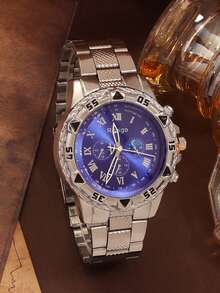 3 Pezzi Completo Elegante da Uomo, Comprende Orologio al Quarzo con Quadrante Argento-Blu, Portafoglio Goffrato e Penna a Sfera in Metallo. L'orologio presenta numeri romani, cronografo multifunzione, cassa con rivetti e cinturino in acciaio testurizzato per uno stile raffinato e stabile. Il portafoglio goffrato di alta qualità e la pratica penna in metallo completano l'insieme. - Argento - Visualizzare 3