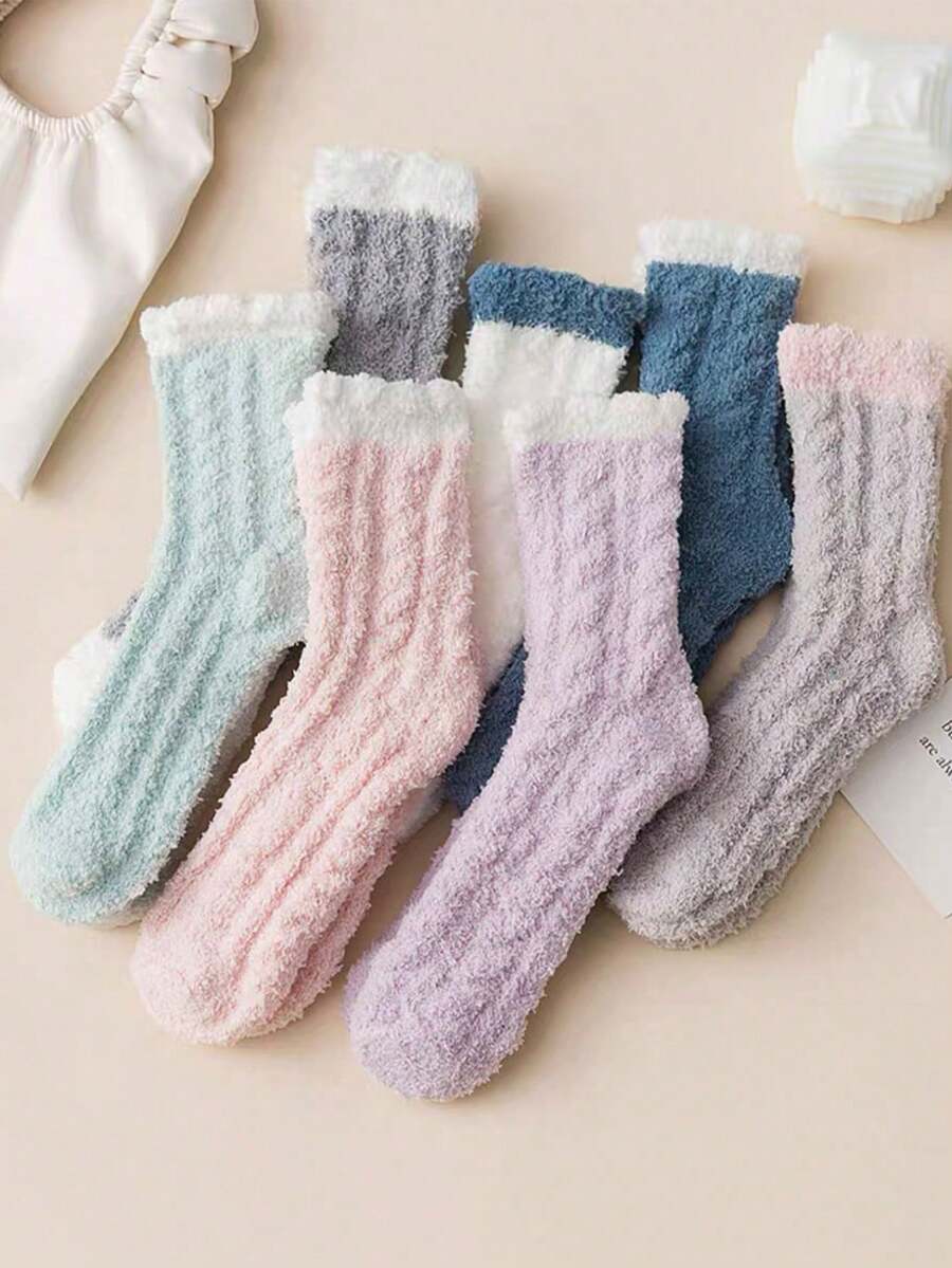 6 Pairs Solid Color Thermal Lined Socks, Versatile Casual Mid-Calf Socks For Women, Autumn/Winter - Multicolor - View 1