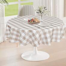 DWCN 1 Stück karierte Tischdecke, runde Tischdecke, waschbare, wetterfeste, fleckenabweisende und wasserdichte Tischdecke für den Außenbereich, ideal für Picknicks, Esszimmer, Gartenpartys und Hochzeiten. - Khaki und Weiß - Übersicht 11