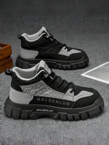 Men's Autumn/Winter New British Style Anti-Slip Increased Height Work Boots, Multi-Function Thick Sole Outdoor Hiking High-Top Boots - Black and Gray - View 4