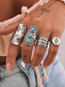 4pcs Bohemian Vintage Silver Elephant & Turquoise Inlaid Wide Ring Totem Eye Design Rings For Women - Antique Silver - View 6