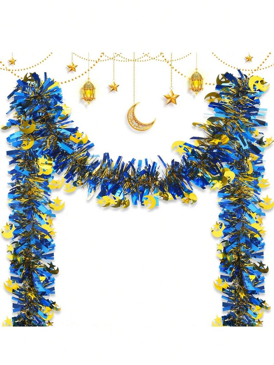 3件套斋月装饰金属丝花环月亮和星星图案多用途家居悬挂装饰，适用于窗户、门、桌子、室内外开斋节装饰。 - 藍色 - 查看 1