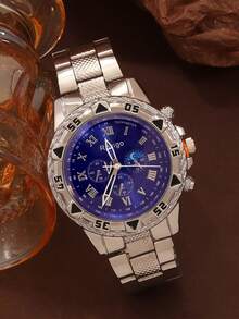 4-Piece Luxury Business Watch Set For Men, Includes 1 Quartz Watch With Silver-Blue Dial, 1 Embossed Wallet, 1 Metal Pen, And 1 Keychain - Silver - View 2