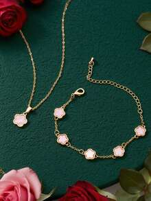 Bộ 2 chiếc/Bộ vòng tay và vòng cổ trang sức hình cỏ ba lá và hoa may mắn, thời trang và quyến rũ dành cho phụ nữ, thích hợp cho ngày lễ tình nhân, hẹn hò, tiệc tùng, kỳ nghỉ hoặc làm quà tặng - Hồng - Xem 1