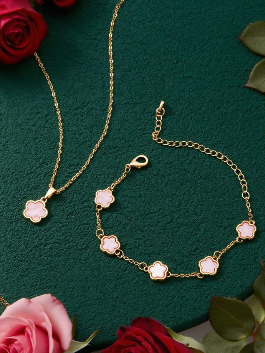 Bộ 2 chiếc/Bộ vòng tay và vòng cổ trang sức hình cỏ ba lá và hoa may mắn, thời trang và quyến rũ dành cho phụ nữ, thích hợp cho ngày lễ tình nhân, hẹn hò, tiệc tùng, kỳ nghỉ hoặc làm quà tặng - Hồng - Xem 1