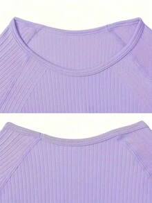 Workout Sets Outfits For Women – Yoga Leggings With Short Sleeve Crop Top, Slim Fit Tummy Control Butt Lifting Waist Shaping, Seamless Ribbed Texture, Breathable Soft Fabric, Non-Pilling, Perfect For Fall Winter Gym Yoga Running Fitness - 淺紫色 - 查看 6