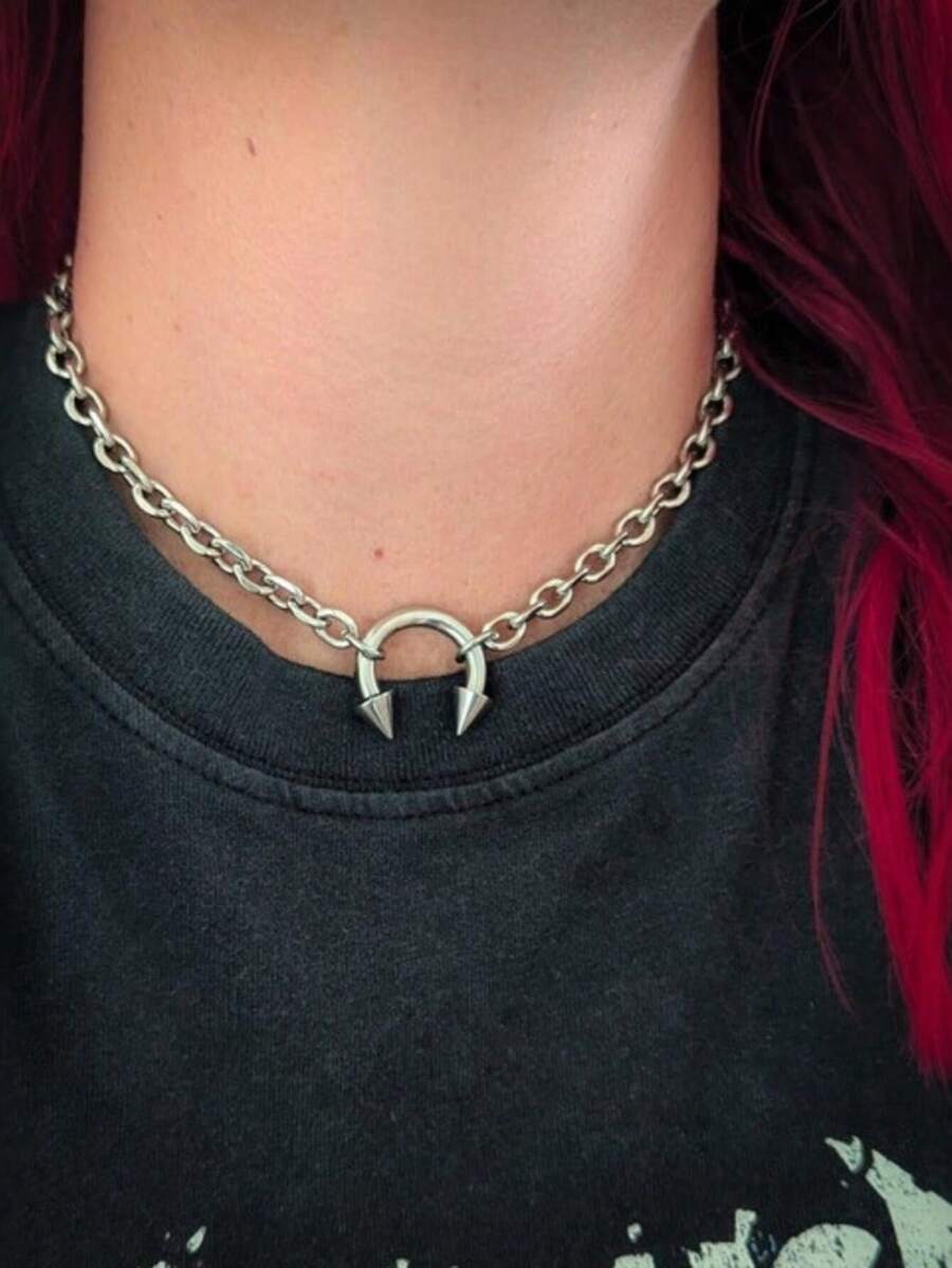 Collar de cadena de clavícula con estilo minimalista de hip-hop, estilo europeo y americano, diseño redondo y cónico, personalizado y retro de estilo punk - A - Ver 1