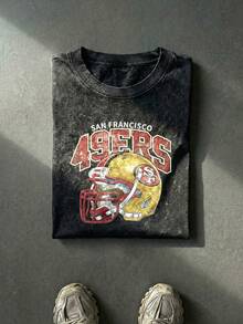 San Francisco Football Helmet Graphic Tee Acid Washed Shirt Unisex Couple Matching Boyfriend Style Bay Area Sports Fan Gear Red Text Gold Helmet Print Retro Game Day Aesthetic Distressed Cotton Graphic Tees Men Oversized T Shirt Summer Clothes Men Winter Clothes Camisetas Para Hombre - 黑色 - 查看 2