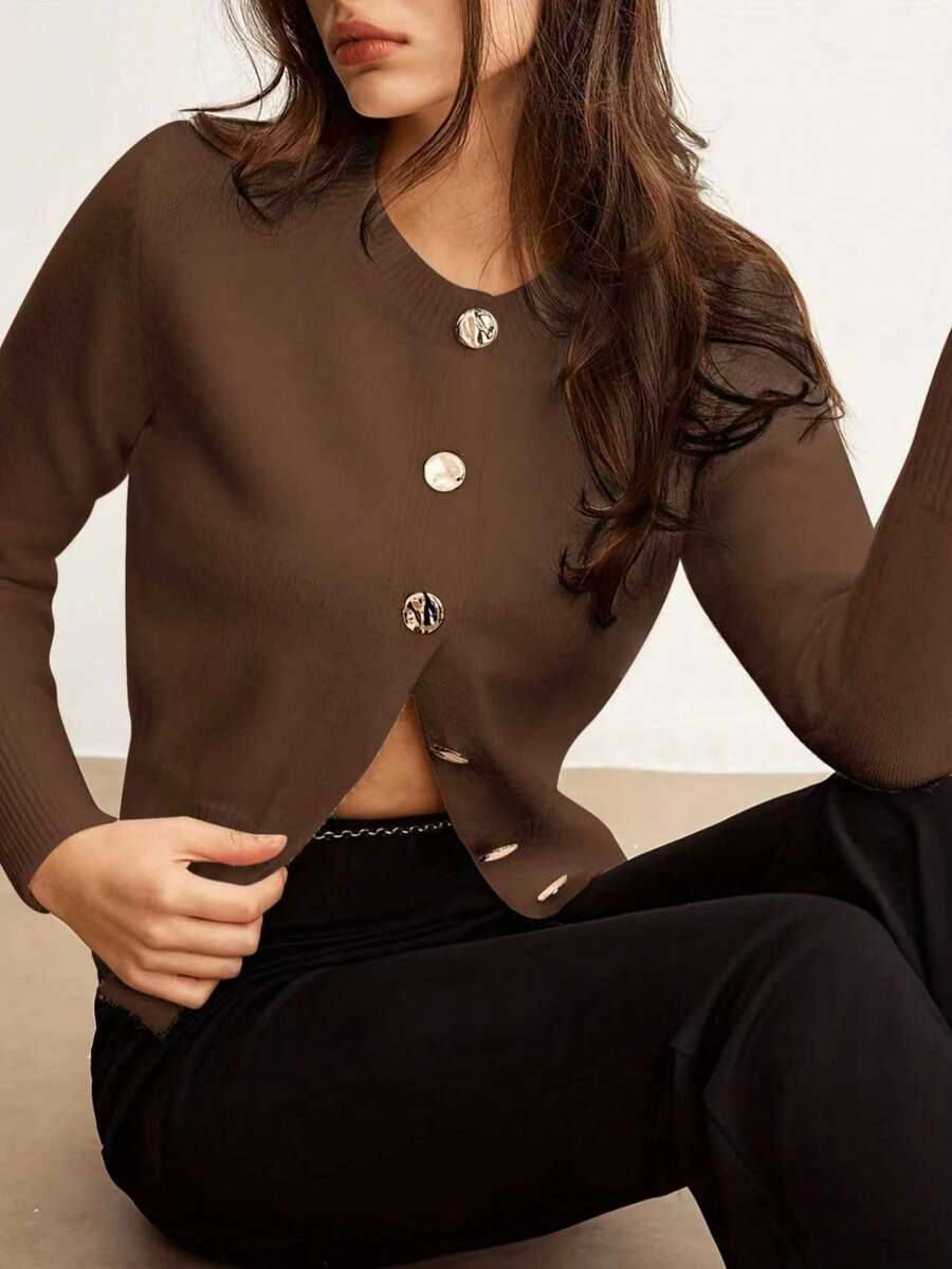 女款秋冬優雅休閒針織開襟外套，時尚通勤毛衣外套，前扣設計，純色極簡百搭針織開襟衫，老錢風，返校穿搭，女款街頭風，外出上衣 - 棕色 - 查看 1