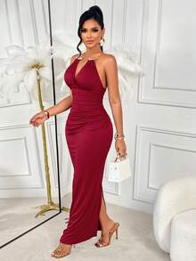 AIJ Đầm không tay màu trơn gợi cảm và thời trang, thích hợp cho ngày Valentine, có chi tiết vòng kim loại và xếp ly, dáng ôm sát với đường xẻ sau, lý tưởng cho các bữa tiệc, kỳ nghỉ và hẹn hò. Thanh lịch cho mùa hè. - Đỏ - Xem 4