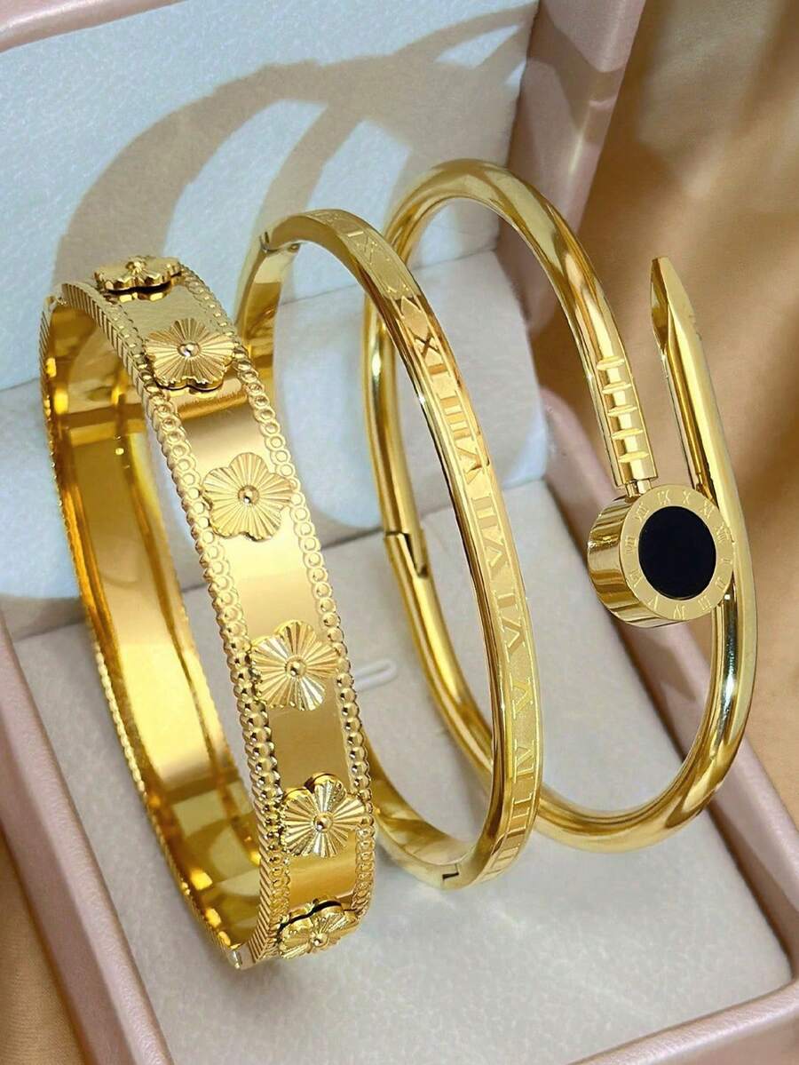 18 Karat vergoldetes Edelstahl Blumen Armband, geeignet für den täglichen Gebrauch von Frauen, klassisches Blumen- und Römische Ziffern Nieten Design, wasserdicht, europäischer und amerikanischer Stil, Lässig, Hochzeit, Party, Valentinstag Geschenk