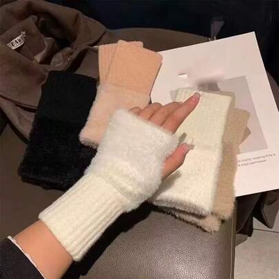 2pcs Ins Style Plush Fingerless Gloves, Capturing The Autumn And Winter Atmosphere, With A Variety Of Colors For Neutral Office And Study Use, Warm And Windproof Multifunctional Gloves, Cold Weather Equipment, Office Clothes, Plush Gloves, Soft Materials, Neutral Gloves, Touch Screen Gloves
