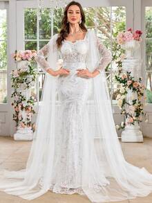 UNITHORSE 女士甜心领大灯笼袖亮片刺绣蕾丝网纱拼接白色鱼尾婚纱礼服，新娘，全白派对服装 - 白色 - 查看 6