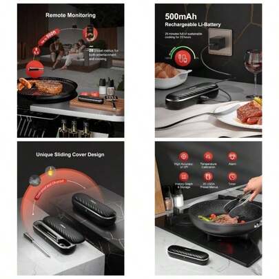 Wireless Meat Thermometer For Smoker Grilling BBQ Cooking Oven 500ft Range Rechargeable IP67 Waterproof Digital Probe With Black Color