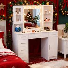 Modern Dressing Table With LED Lighted Mirror & Cabinet Vanity Makeup Desk White - White - View 1