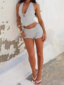 Women's Y2K Polka Dot 2 Piece Outfit Halter Neck Backless Sleeveless Crop Tank Top Vintage 3D Flower And Fold Over Shorts Set - trắng - Xem 5
