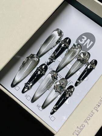 10pcs/Pack - Attention-Grabbing Nail Stickers: Gothic Silver Ombre, Adorned With Layered Crystal Clusters And Moonstone Pearls