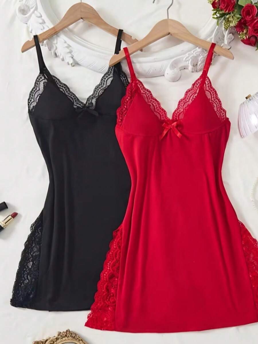 2pcs Split Contrast Lace Nightgown Set, Sexy V-Neck Dress With Bow Detail, Solid Color Camisole Sleepwear For Women's Elegant Loungewear - 彩色 - 查看 1