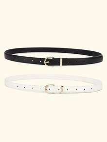 2pcs/Set Teenager Skinny PU Leather Belt Thin Waist Belt With Metal Buckle For Pants Jeans Dresses - Multicolor - View 3