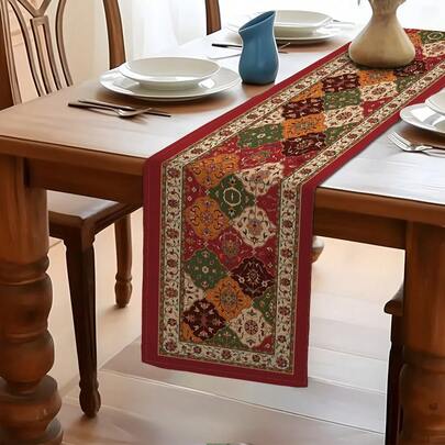 MEMNUN 1/3/5/7ชิ้น ผ้าปูโต๊ะลายดอกไม้สไตล์โบฮีเมียน, ผ้าปูโต๊ะลายเรขาคณิต, ผ้าปูโต๊ะพิมพ์ลายโมร็อกโก, ผ้าปูโต๊ะเหมือนผ้าลินินโพลีเอสเตอร์ 100%, ผ้าปูโต๊ะสีแดง, เหมาะสำหรับห้องครัว, โต๊ะอาหาร, งานปาร์ตี้ตกแต่งบ้าน, ของขวัญ