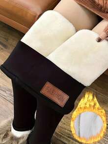 Women's Fleece-Lined High-Waist Leggings - Multi Colors, Slim Fit Stretch Pants, Fall/Winter Warm Bottoms, Home & Casual Wear | Fashion Label Detail | All-Age Suitable (Teens To Adults) | Soft Comfort Daily Wear - màu đen - Xem 1