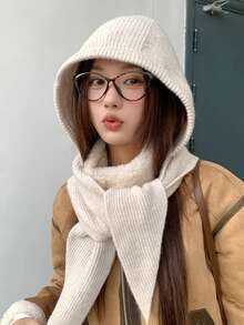 1件装女士休闲纯色麻花针织纹理保暖防风蓬松加厚连帽围巾围脖，适合约会、日常穿着、购物、旅行、搭配