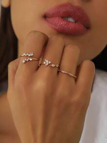 3pcs Set Luxury Vintage Exquisite Copper Zirconia Stone Rings, Adjustable Copper Fashion Jewelry For Women, Perfect For Daily Wear & Parties - Yellow Gold - View 2