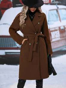 New Women's Lapel Double-Breasted Belt Woolen Coat Coat Women - 深棕色 - 查看 2