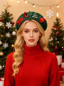 1pc Women's Handmade Cute Christmas Decorative Artist Beret Hat, Thick & Warm For Autumn/Winter, Christmas Decoration, Suitable For Christmas Gift, Carnival Party, Daily Wear