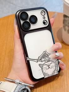 Cartoon Skeleton Hand Petting Cat Print PC Phone Case For IPhone 12 13 14 15 16 17 - Transparent Back Protective Cover With Orange Frame, Cute Gothic Y2K Style For Women Girls, Daily Use & Gi - màu đen - Xem 1