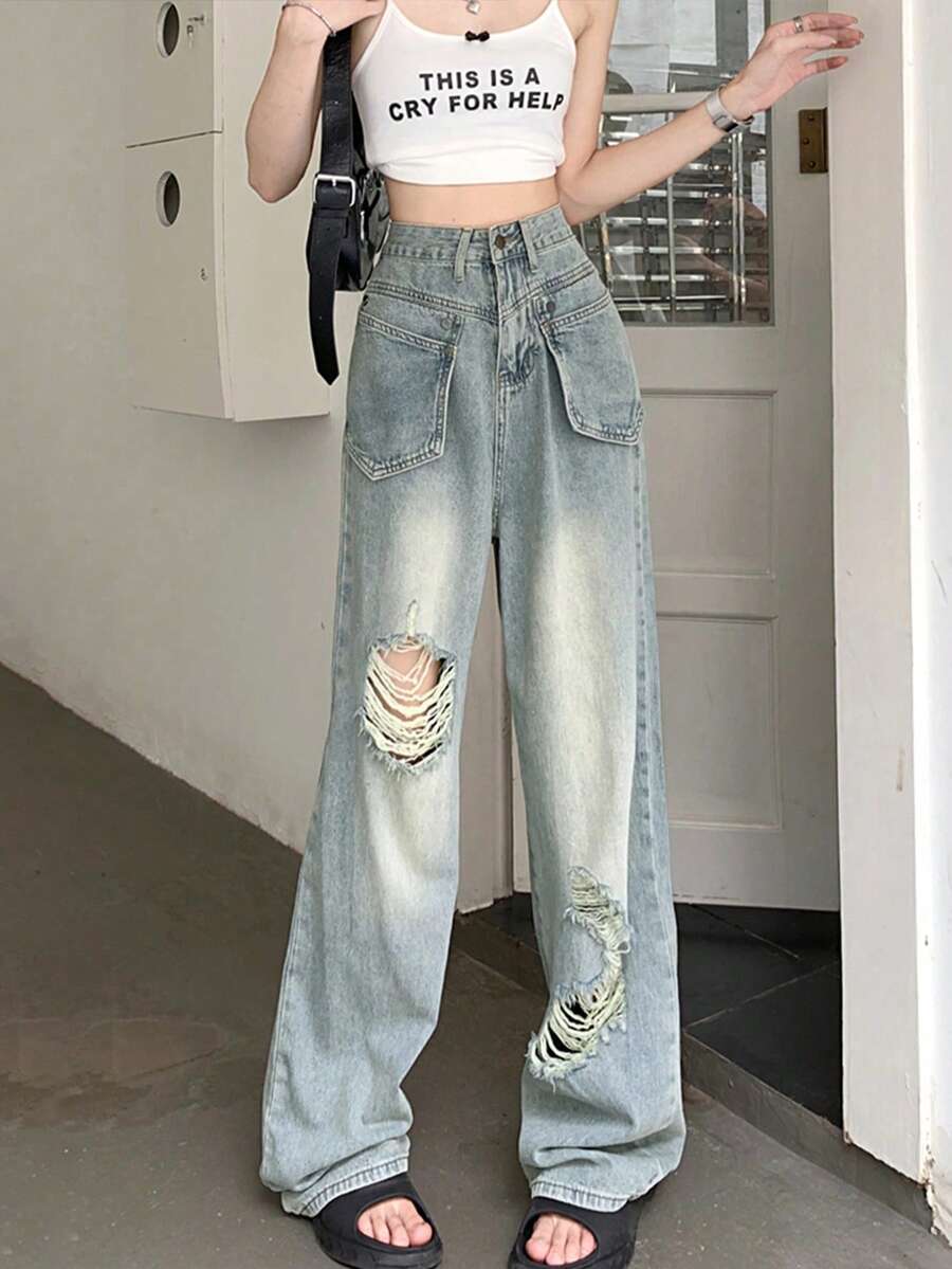 Loose Fit Distressed Pocket Denim Jeans For Women, New Design Straight Leg Wide Leg Pants, Spring/Autumn - Blue - View 1