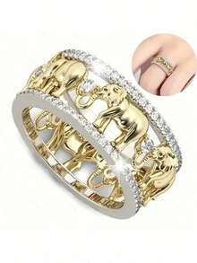 New Fashion Jewelry Exaggerated Elegant Gold Elephant Shape Women's Ring Wrapped With Rhinestone, Minimalist & Refined Couple Rings, Best Birthday/Anniversary/Halloween Gifts - Gold - View 6