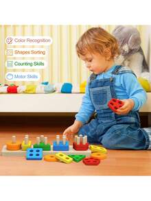 5pcs Wooden Geometric Shape Stacking Blocks, Multicolor Shape & Color Matching Cognitive Number Stacking Toys, Early Educational Montessori Learning Toys For Children 3+ - Multicolor - View 9