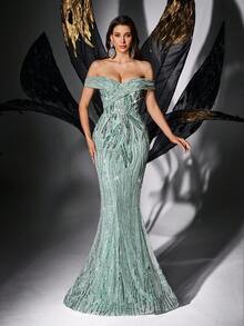 Charm Goddess Sequins Embellished Banquet Evening Gown Beads Cocktail Formal Dress Solid Color Mermaid Hem Backless Sleeveless - Mint Green - View 4