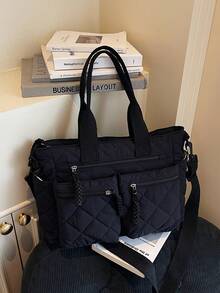 黑色棉质绗缝刺绣女士手提包，多口袋实用多功能单肩包，轻便可折叠大容量手提包，适合大学/学校/工作/旅行使用。 - 黑色 - 查看 4