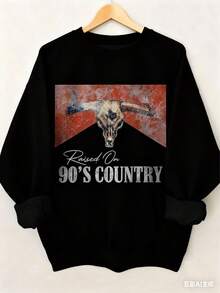 90s Country Western Bull Graphic Retro Women Sweatshirt, Women's Casual Dropped Shoulder Crew Neck Long Sleeve PulloverFashionable Sweatshirts For Men And Women - 黑色 - 查看 1