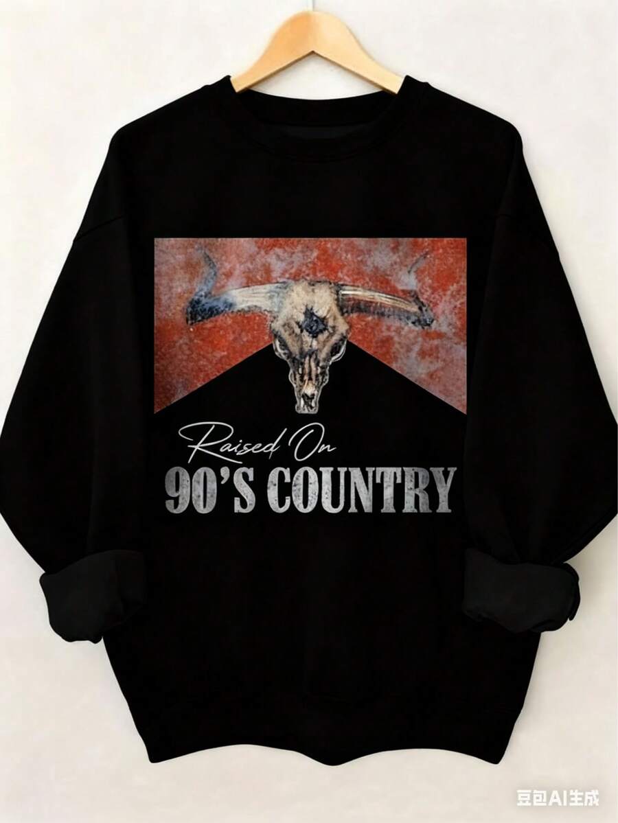 90s Country Western Bull Graphic Retro Women Sweatshirt, Women's Casual Dropped Shoulder Crew Neck Long Sleeve PulloverFashionable Sweatshirts For Men And Women - 黑色 - 查看 1